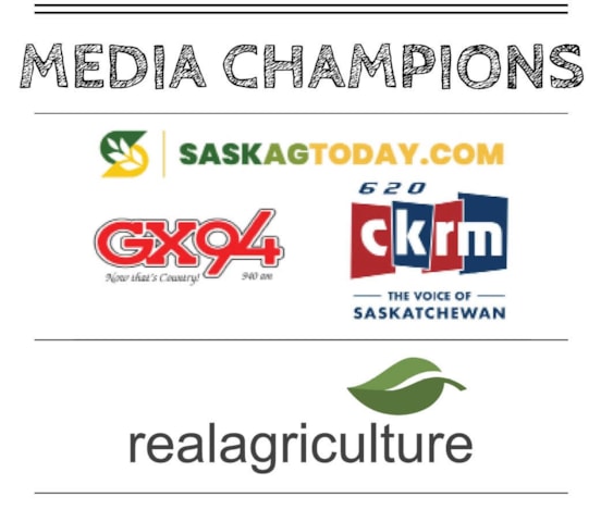 Media Champions include Harvard Media (SaskAgToday.ca, GX94, CKRM) and RealAgriculture.